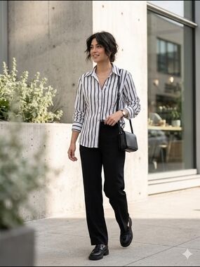 Planet Black & White Striped French Cuff Blouse